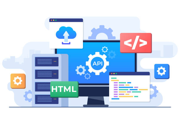 application programming interface concept, api provides the interface for communication between applications, software development tool, internet and networking, simplifying application integration - 系統(tǒng)軟件 幅插畫檔、美工圖案、卡通及圖標(biāo)