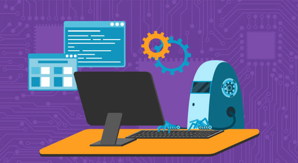 automated work of software, business project development, robot using keyboard at table - 系統(tǒng)軟件開發(fā) 幅插畫檔、美工圖案、卡通及圖標(biāo)
