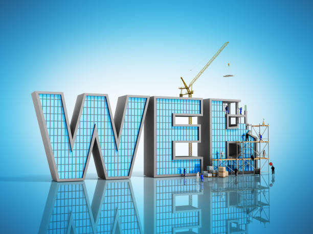 網(wǎng)頁程式開發(fā)概念建設(shè)者正在題字 web 上藍色 3d 插圖 - 網(wǎng)站門戶搭建 個照片及圖片檔